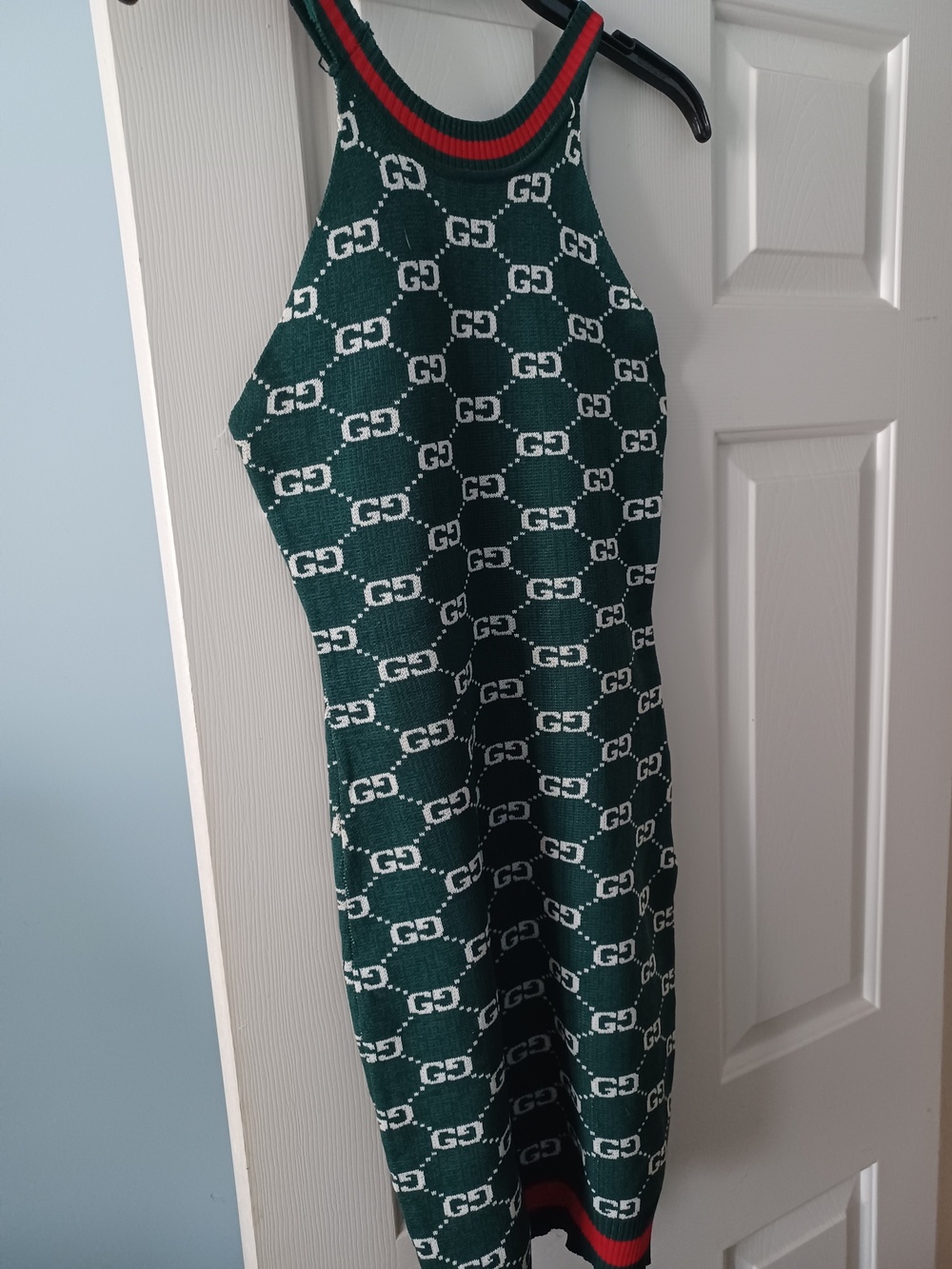 Green Logo-Pattern Halter Knit Dress